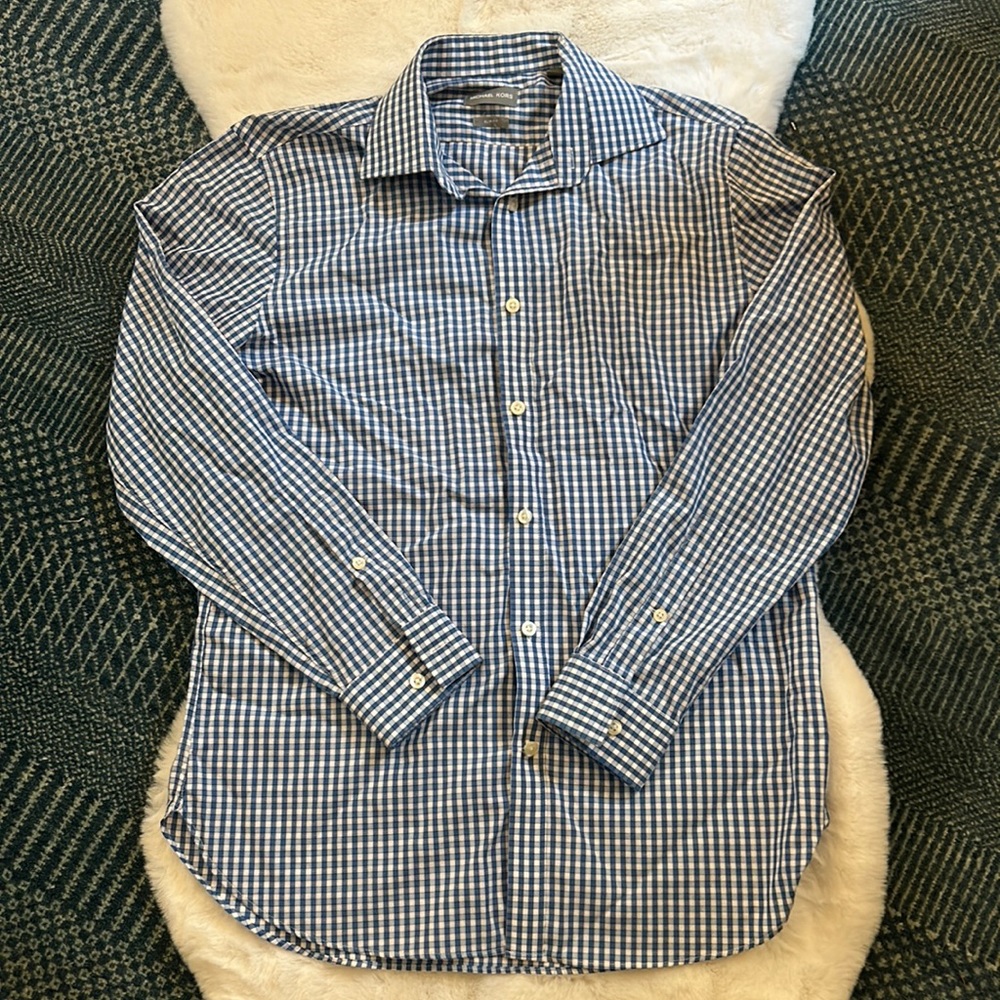 Michael Kors 100% Cotton Blue Gingham/Check Men’s Medium Slim Fit Dress Shirt
